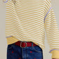 Yellow and white striped round neck long sleeve knit sweater with lavender trim