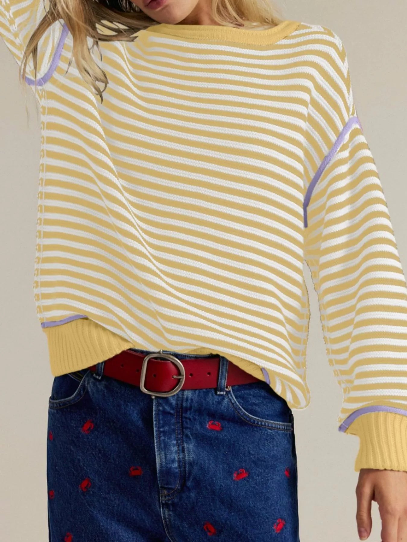 Yellow and white striped round neck long sleeve knit sweater with lavender trim