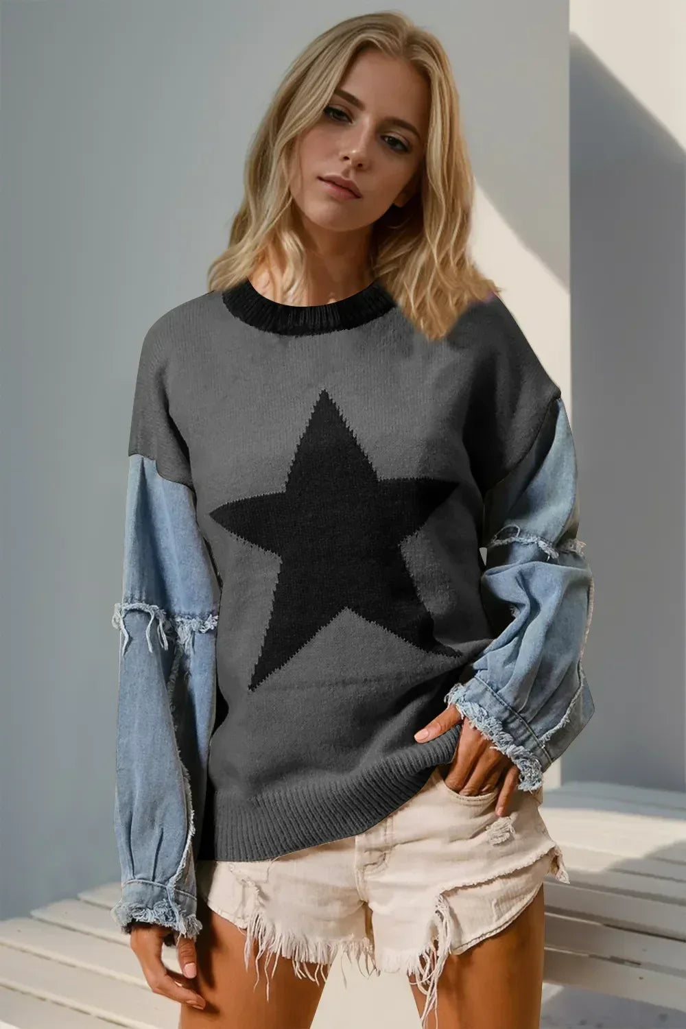 Double Take Full Size Star Pattern Raw Edge Long Sleeve Sweater - DAVERRI FASHIONS