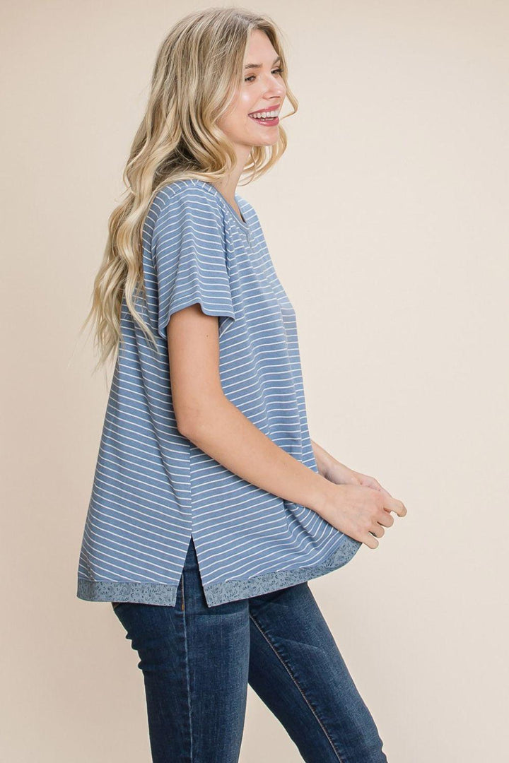 Cotton Bleu by Nu Lab Slit Striped Notched Short Sleeve T-Shirt Shirts & Tops