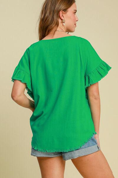 Umgee Full Size Raw Hem Ruffle Short Sleeve Blouse Plus Size Blouses