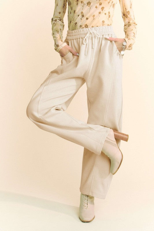 Davi & Dani Drawstring Wide Leg Sweatpants Cream Bottoms