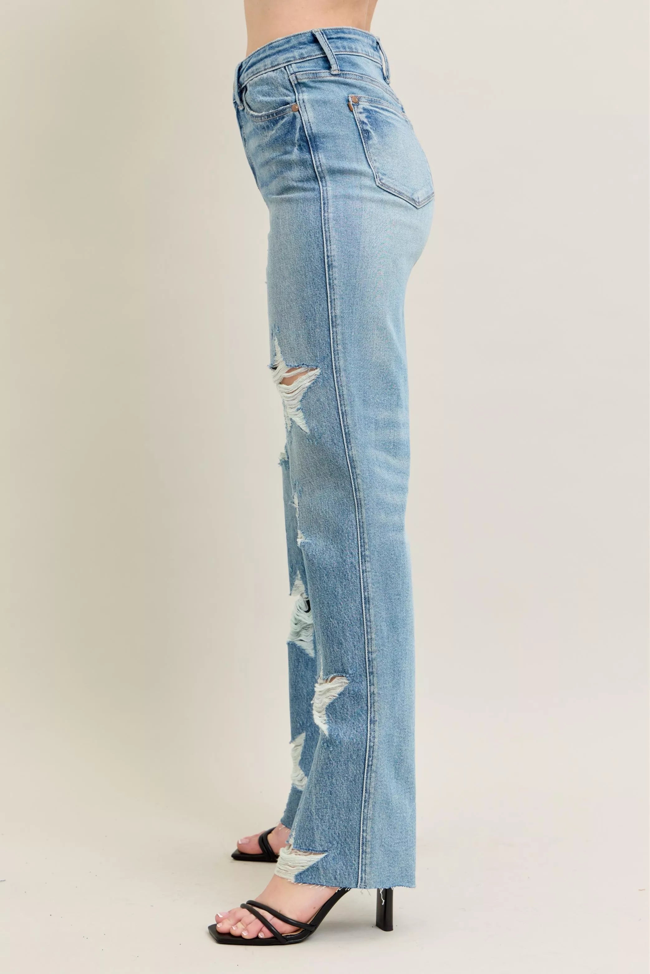 Judy Blue Full Size High Waist Rigid Magic Star Shaped Destroy 90's Straight Jeans Plus Size | Jeans Daverri Fashions