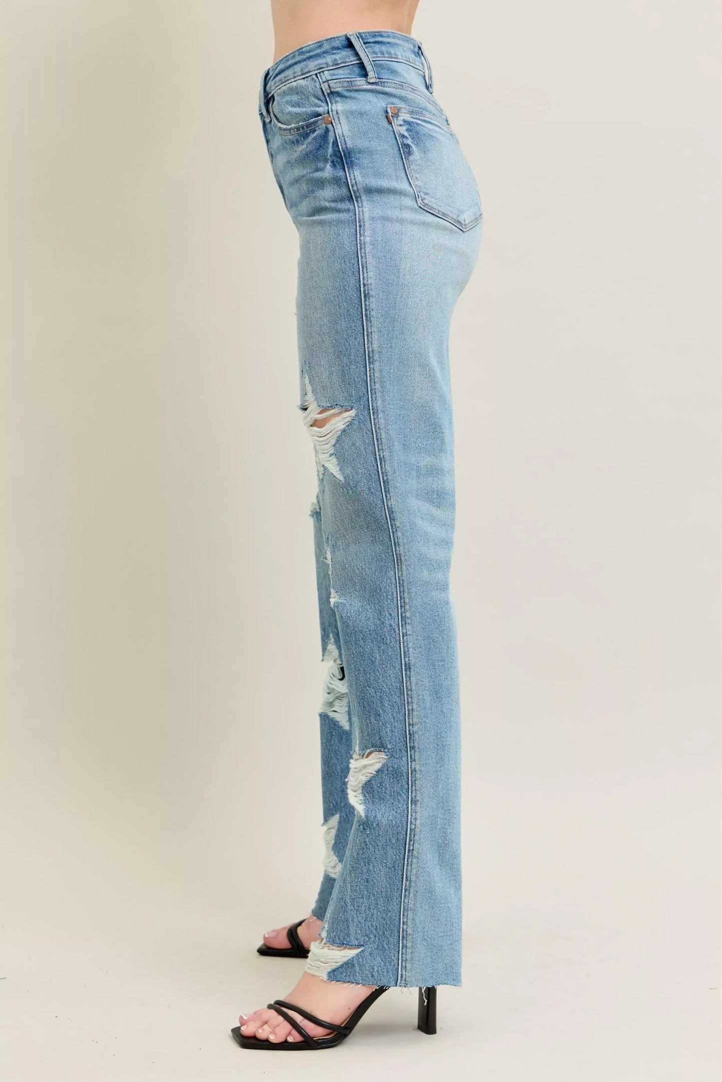 Judy Blue Full Size High Waist Rigid Magic Star Shaped Destroy 90's Straight Jeans Plus Size - DAVERRI FASHIONS
