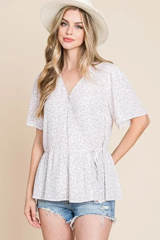 Lime 'N' Chili Ditsy Print V-Neck Short Sleeve Wrap Blouse - DAVERRI FASHIONS