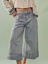 Wide-leg cropped light-wash denim culottes with rolled cuffs and stripes