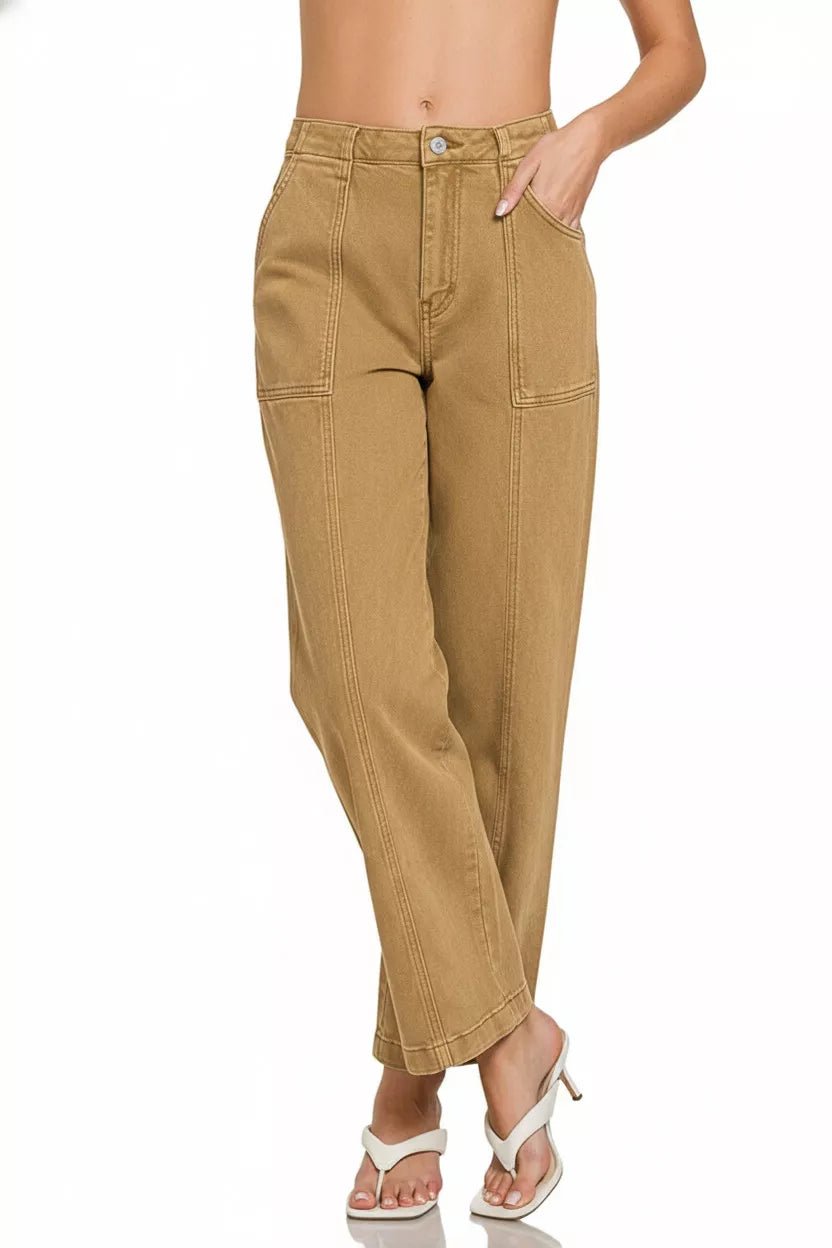 Tan high-rise cargo pants with relaxed fit and visible stitching in Zenana jeans