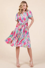 Lime 'N' Chili Watercolor Print Tie Front Midi Dress | Daverri Fashions