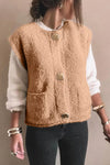 Tan Daverri fleece button-down vest coat with gold buttons and pockets