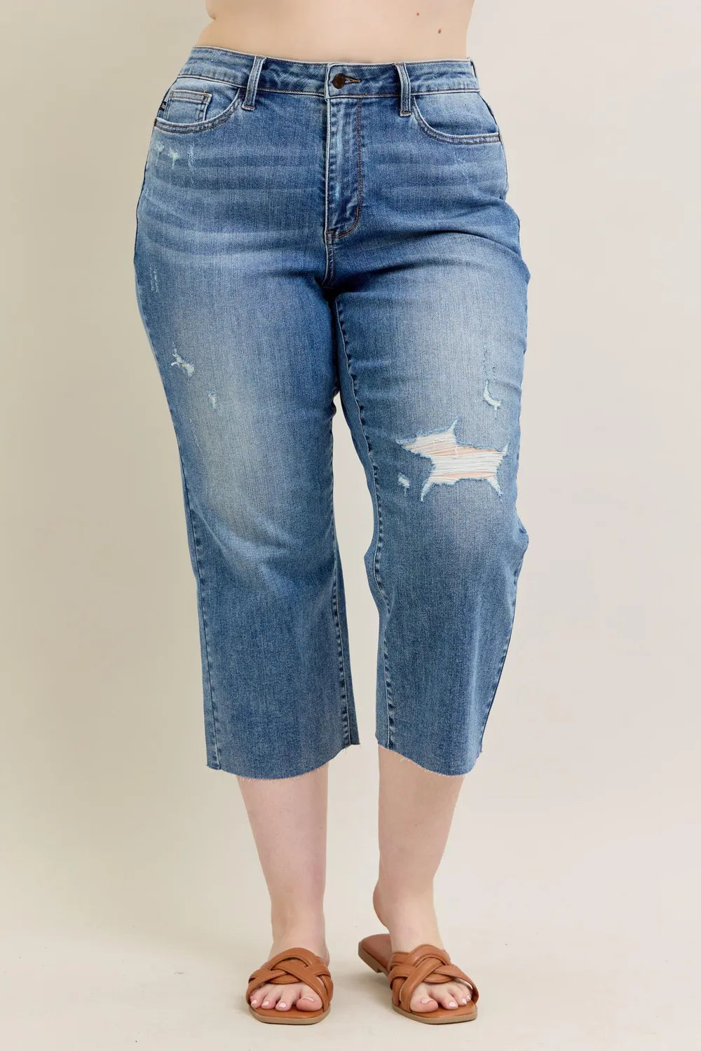 Judy Blue Plus Size High Waist Back Destroy & Raw Cut Hem Crop Wide Medium Jeans