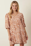 Mittoshop beige rust leopard print puff sleeve mini dress