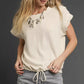 Umgee linen scalloped round neck top in cream with flutter sleeves