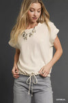 Umgee linen scalloped round neck top in cream with flutter sleeves
