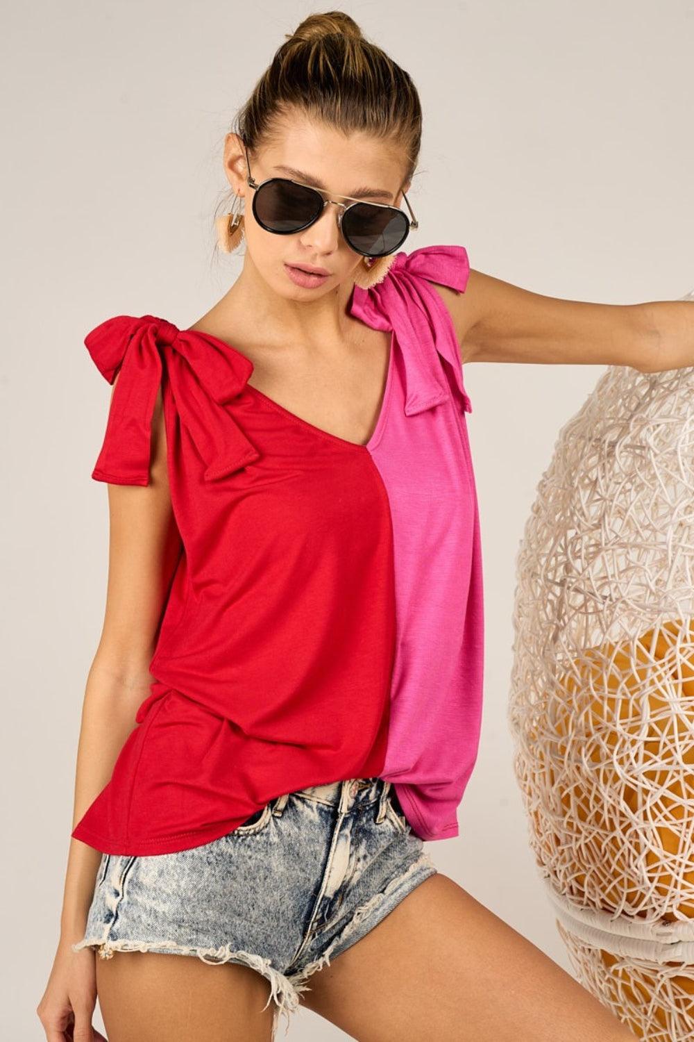 BiBi Shoulder Ribbon Tied Contrast Tank Tank Tops