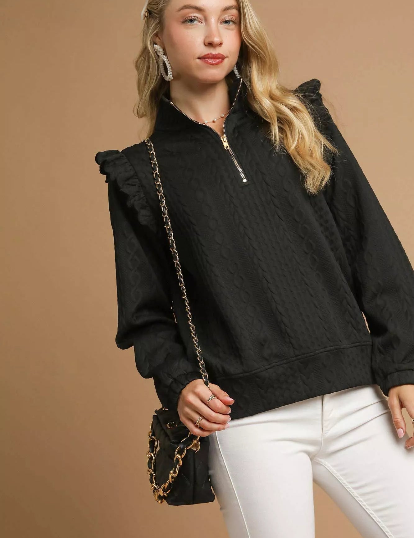 Black Umgee Cable Knit Textured Pullover with Ruffle Shoulders | Sweaters Daverri Fashions