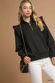 Black Umgee Cable Knit Textured Pullover with Ruffle Shoulders | Sweaters Daverri Fashions