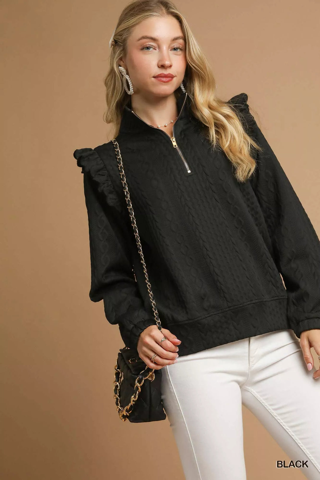 Black Umgee Cable Knit Textured Pullover with Ruffle Shoulders | Sweaters Daverri Fashions