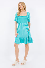 Celeste Full Size Smocked Square Neck Puff Sleeve Ruffle Hem Dress Plus Size Mint Knee Length Dresses