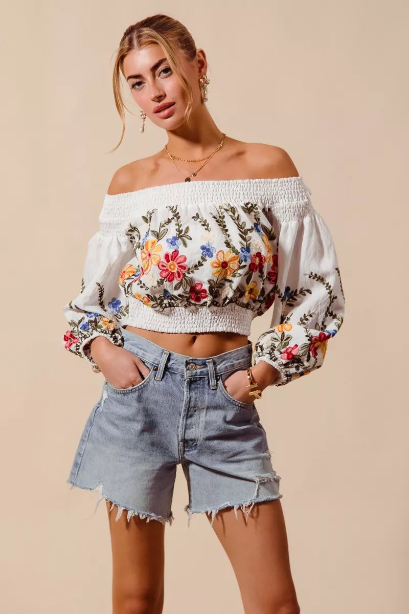 SO ME floral embroidered off-shoulder crop top