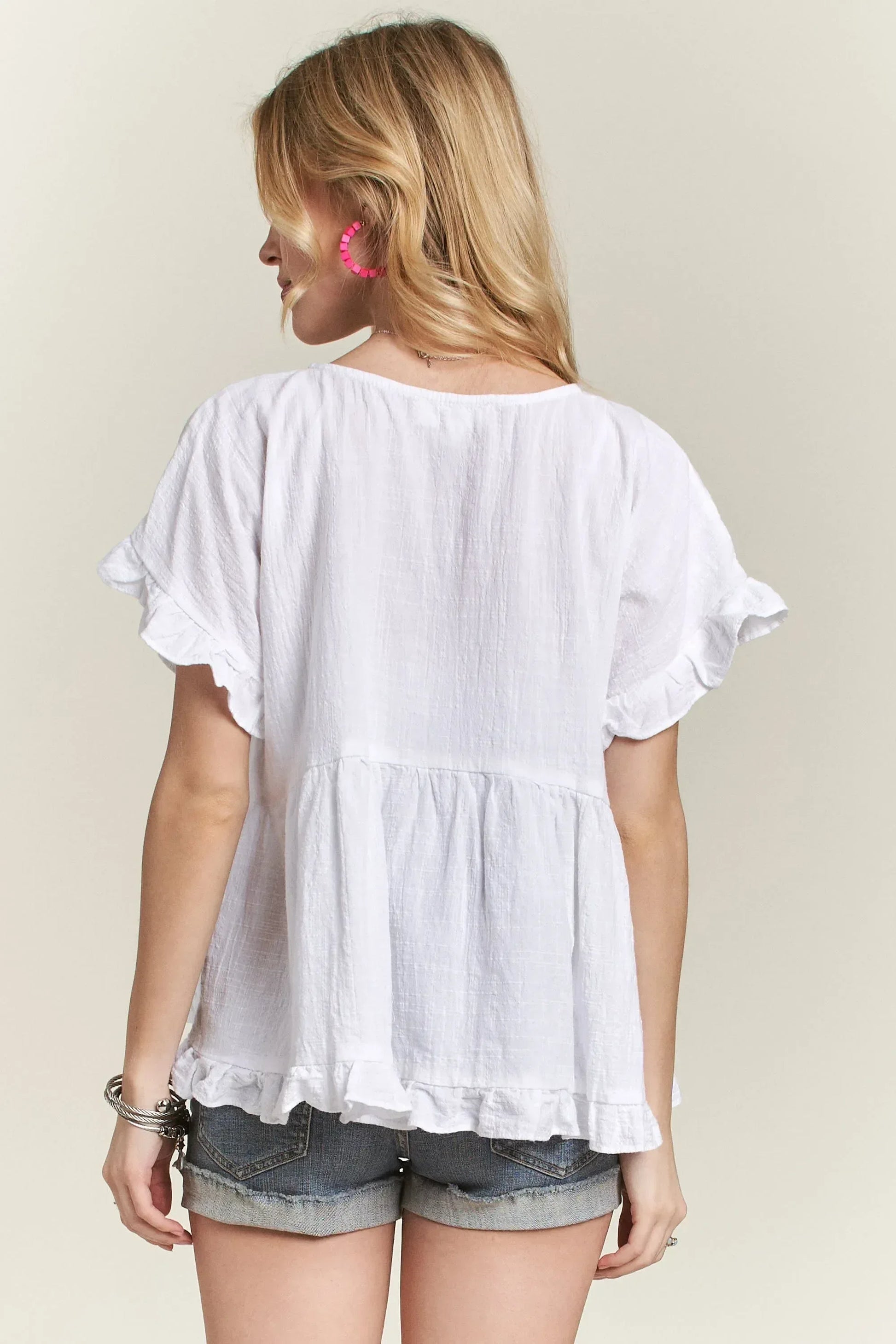 ADORA Button Down Ruffled Babydoll Blouse - DAVERRI FASHIONS