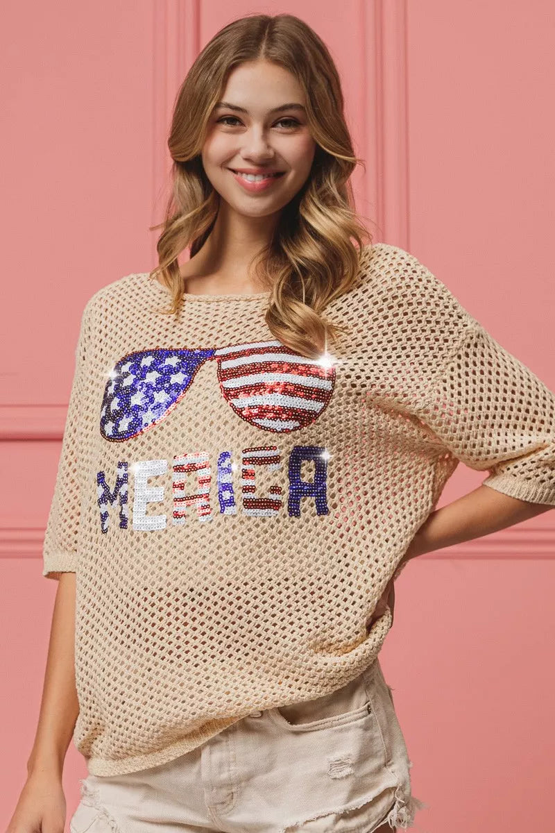 BiBi Sequin American Flag Sunglasses beige mesh knit cover up top