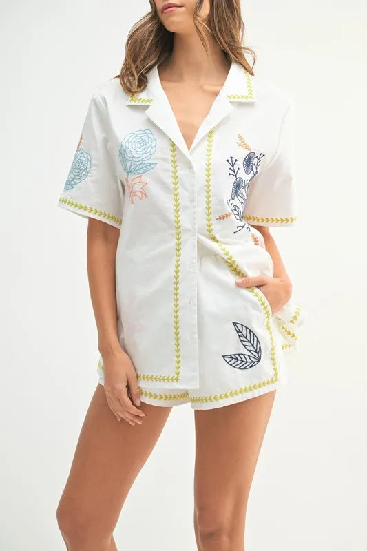 MABLE Embroidered Button Down Shirt and Shorts Set Outfit Sets
