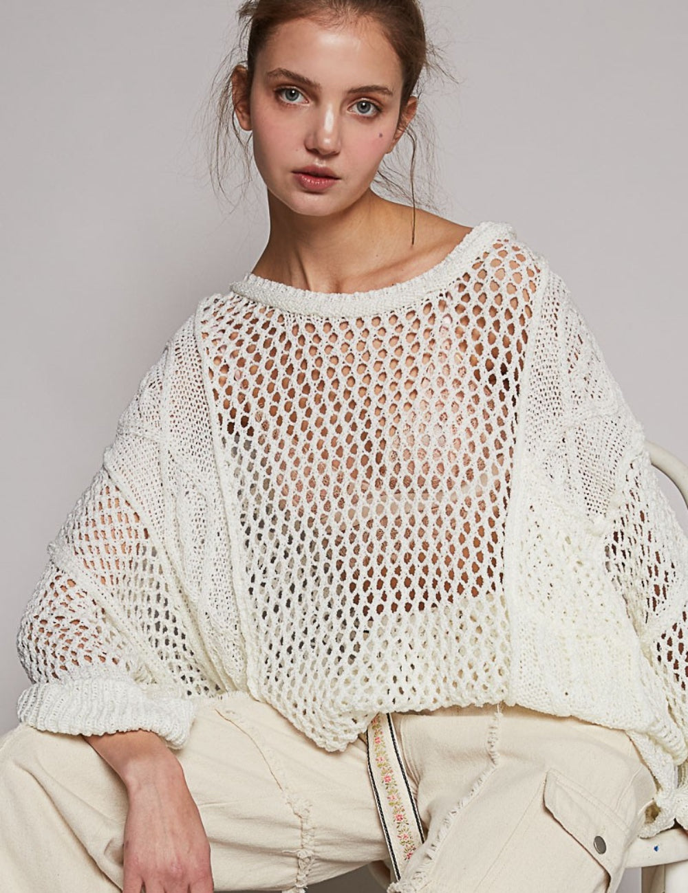 POL Openwork Long Sleeve Knit Cover Up Pure White M