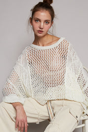 POL Openwork Long Sleeve Knit Cover Up Pure White M