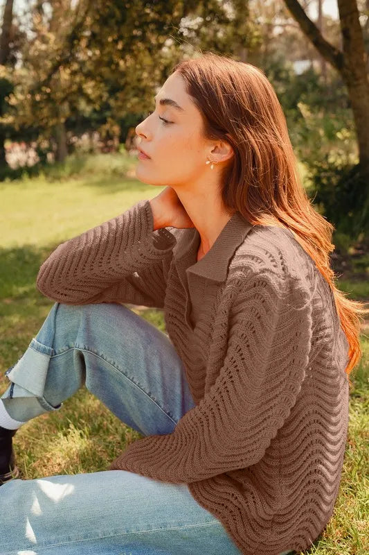 SO ME Notched Collar Wavy Texture Sweater Top