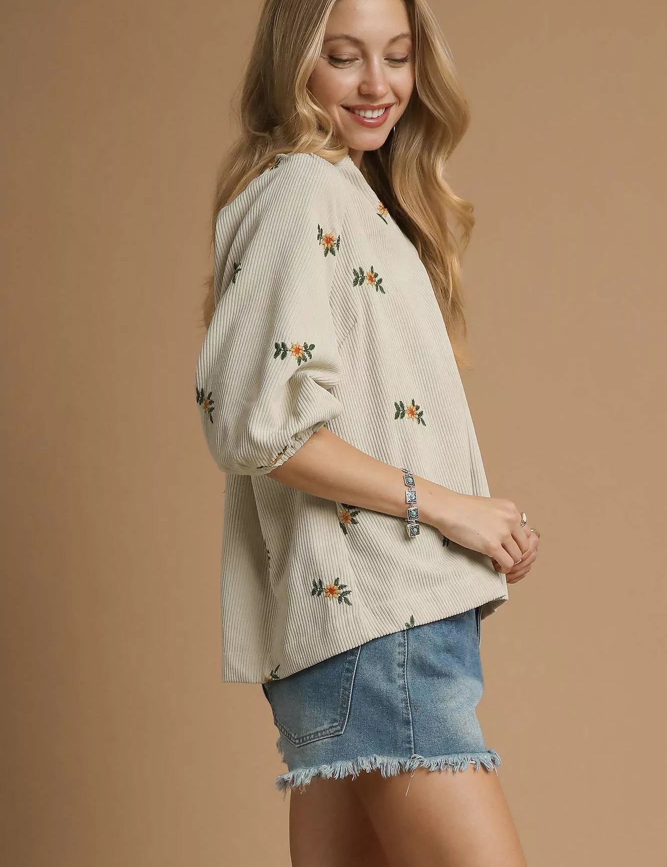 Umgee Corduroy Floral Embroidered Puff Sleeve Blouse | Blouses Daverri Fashions