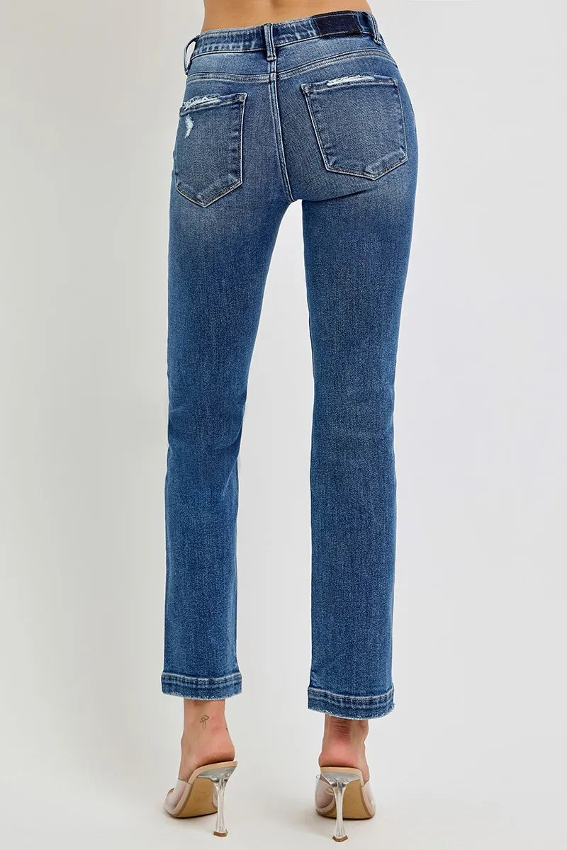 RISEN Full Size Tummy Control Elastic Band Mid Rise Straight Jeans Jeans