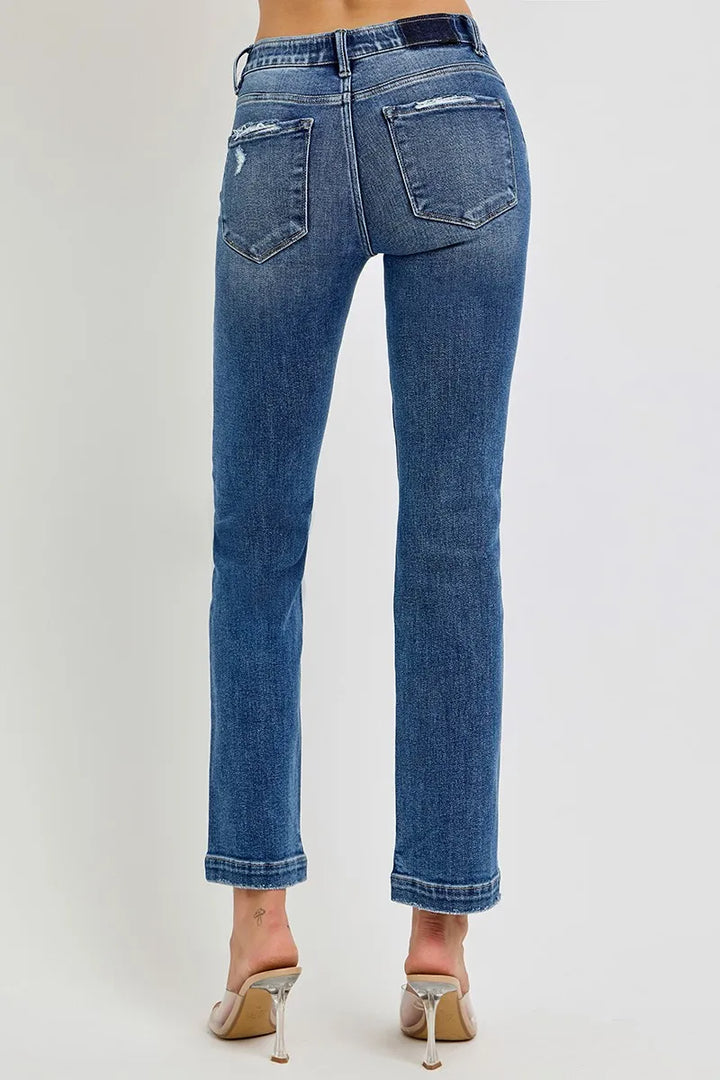 RISEN Full Size Tummy Control Elastic Band Mid Rise Straight Jeans Jeans
