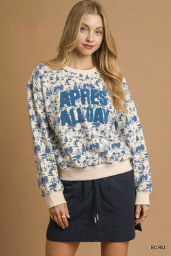 Umgee Scenic Print Cropped Sweatshirt Ecru - DAVERRI FASHIONS