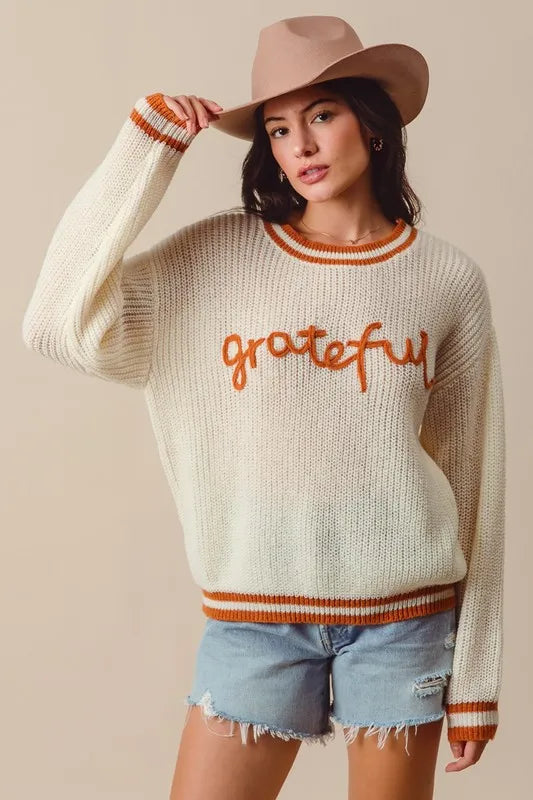 SO ME Thanksgiving Grateful Lettering Stitch Sweater Sweaters