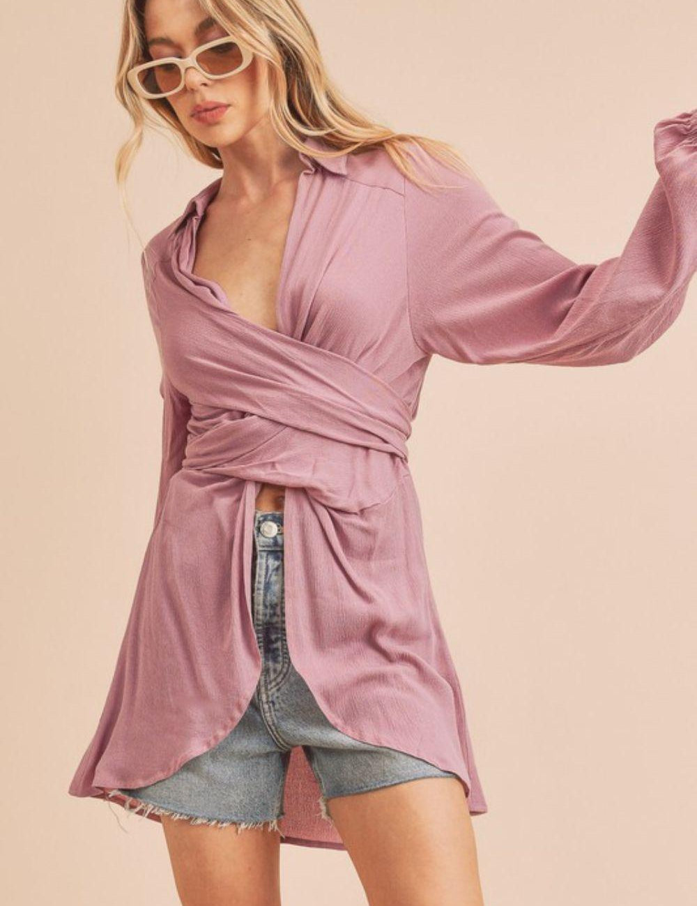 Dusty Pink Aemi + Co Tied Collared Neck Long Sleeve Top | Tops Daverri Fashions