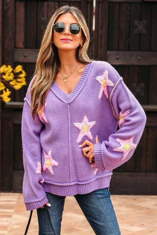 Aubrey Brushed Star Oversize Sweater - DAVERRI FASHIONS