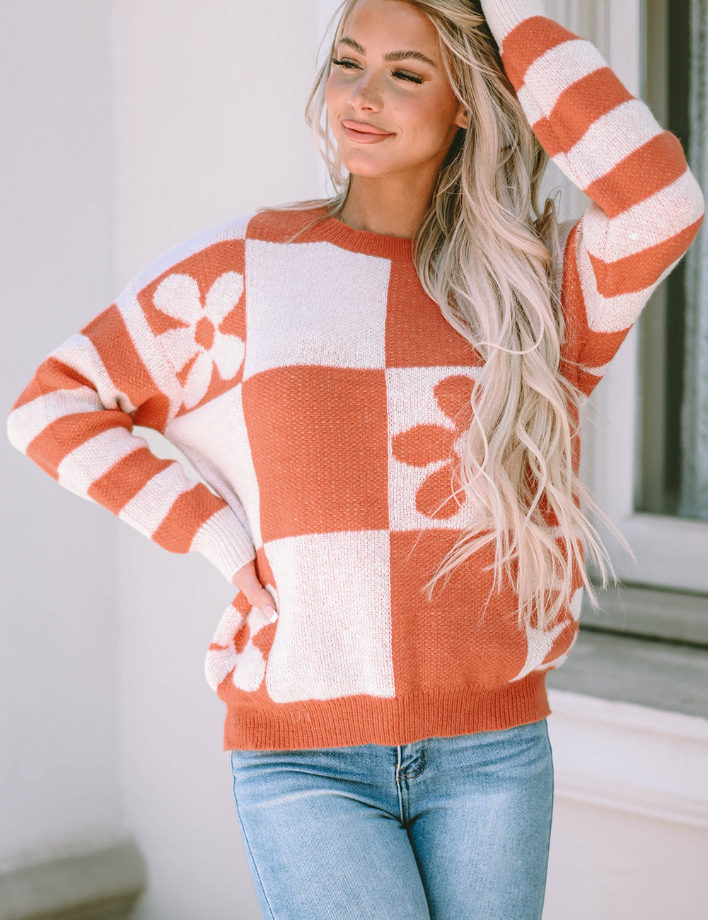 Checkered Floral Print Striped Sleeve Sweater | Sweaters Daverri Fashions