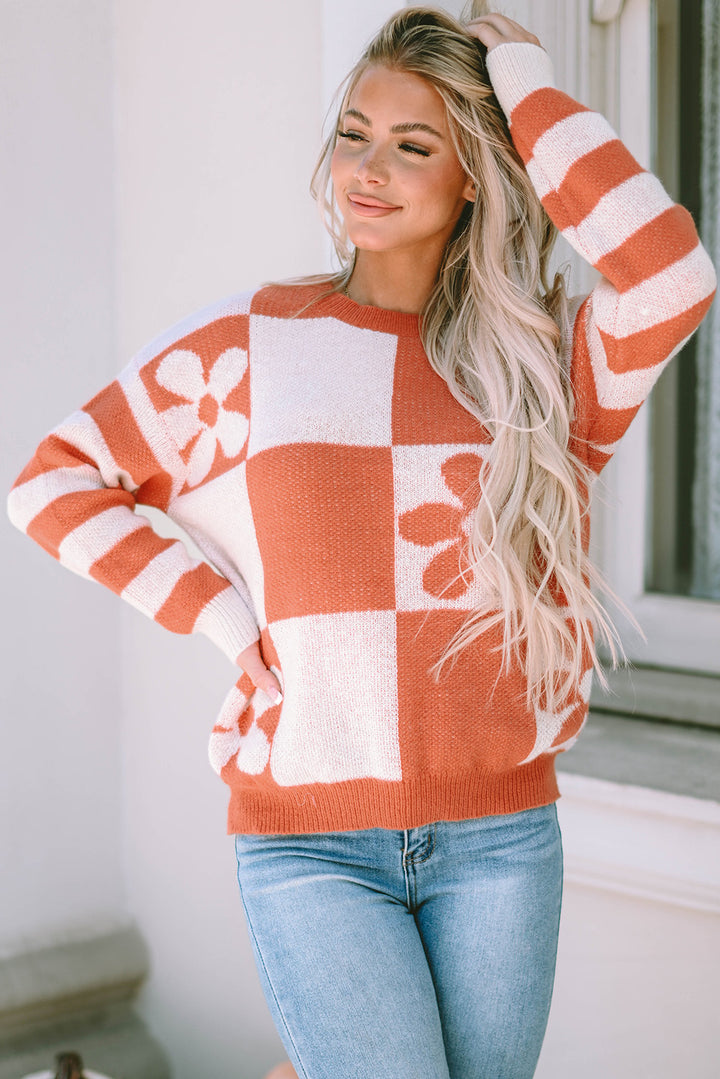Checkered Floral Print Striped Sleeve Sweater | Sweaters Daverri Fashions