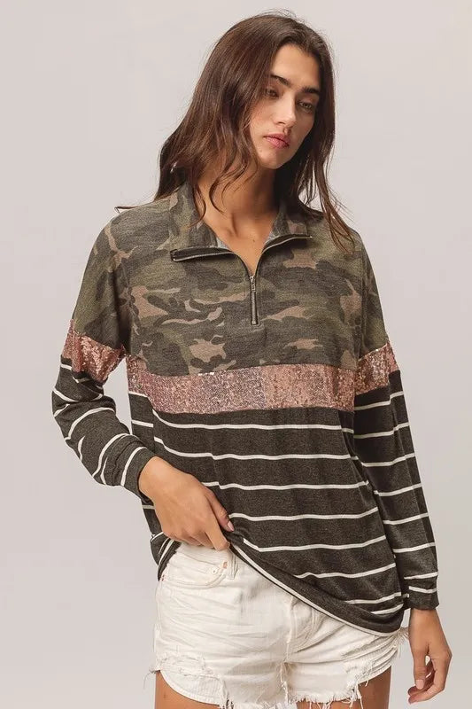 BiBi Camouflage French Terry Knit Top