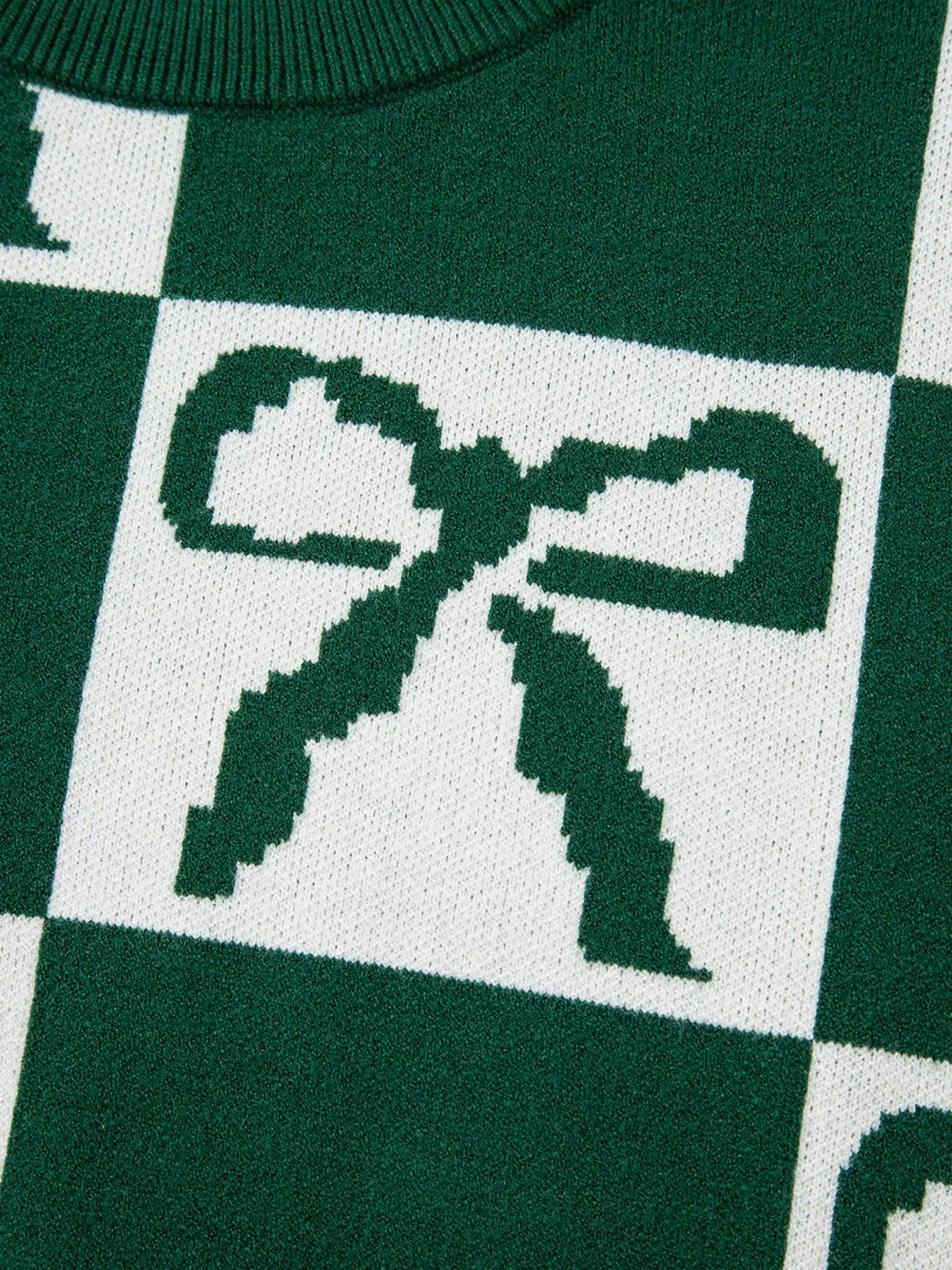 Checkered Bow Round Neck Casual Sweater - DAVERRI FASHIONS