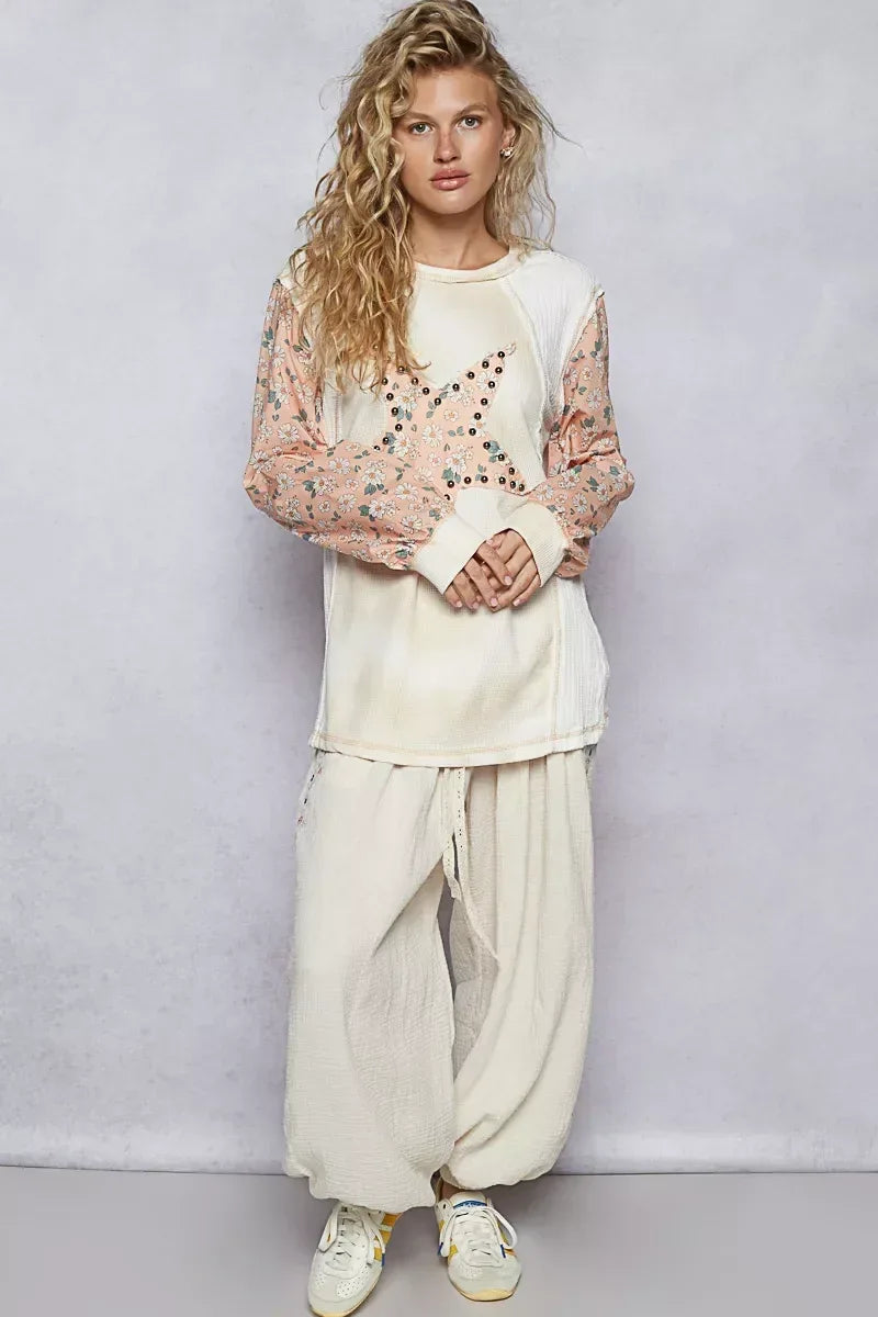 POL Exposed Seam Star Patch Thermal Top with Floral Sleeves - DAVERRI FASHIONS