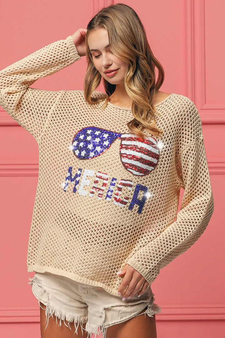 BiBi Sequin American Flag Sunglasses Knit Top Tops