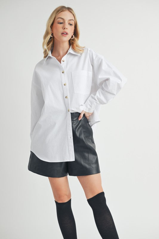 Aemi + Co High-Low Collared Neck Drop Shoulder Shirt White Shirts