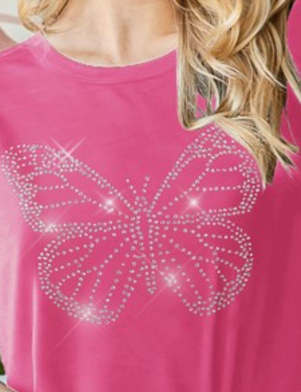 Heimish Rhinestone Butterfly Round Neck Short Sleeve T-Shirt | T-Shirts Daverri Fashions