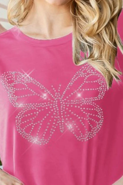 Heimish Rhinestone Butterfly Round Neck Short Sleeve T-Shirt - DAVERRI FASHIONS