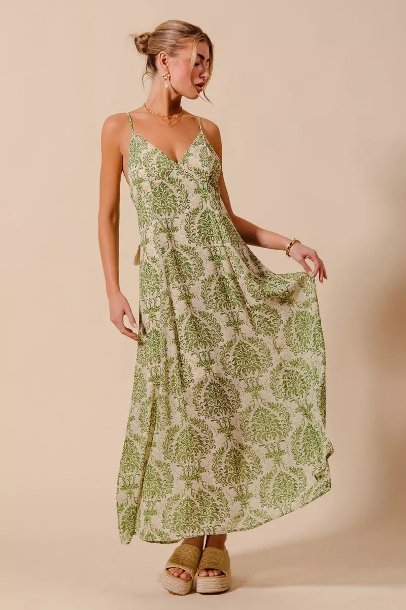 SO ME damask floral maxi dress back view, green cream flowy with open back