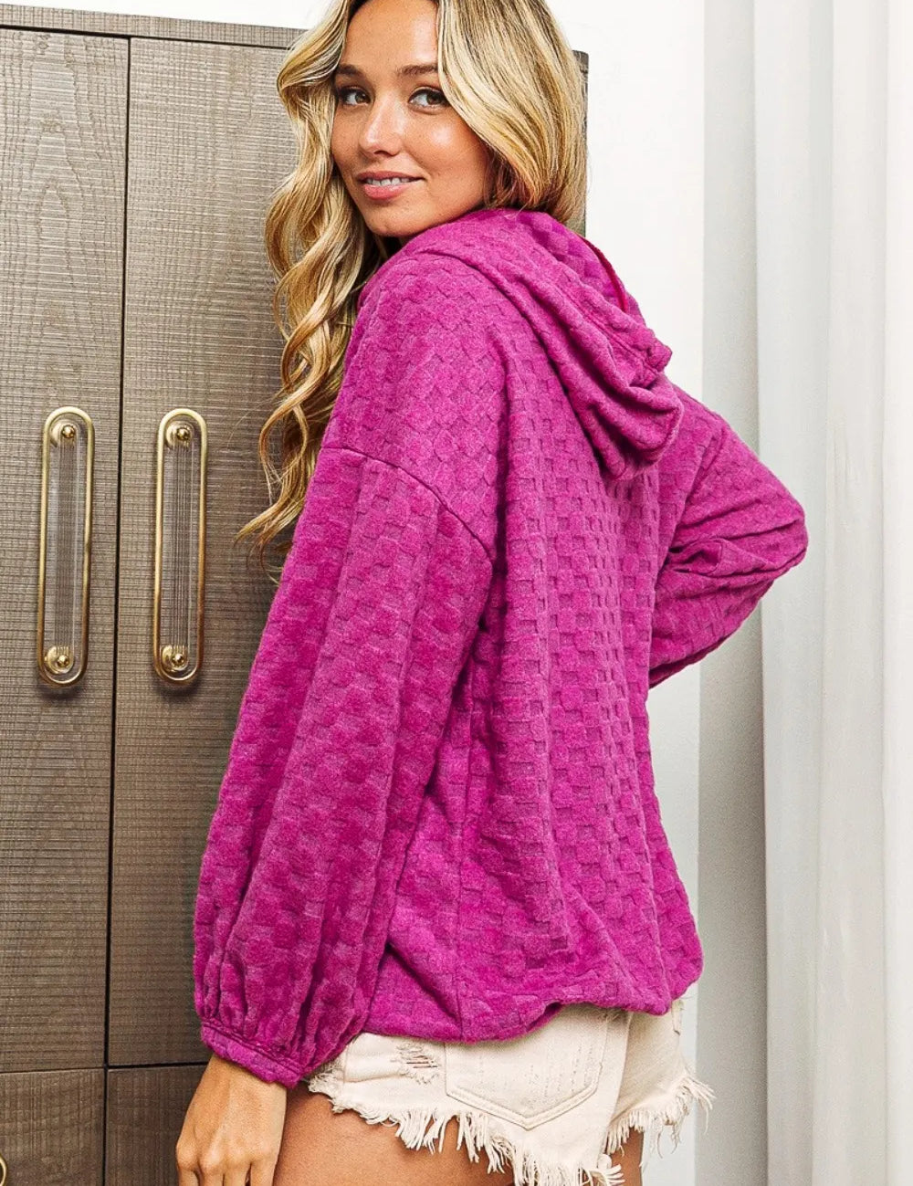 BiBi Brushed Checker Drawstring Long Sleeve Hoodie | Hoodies Daverri Fashions