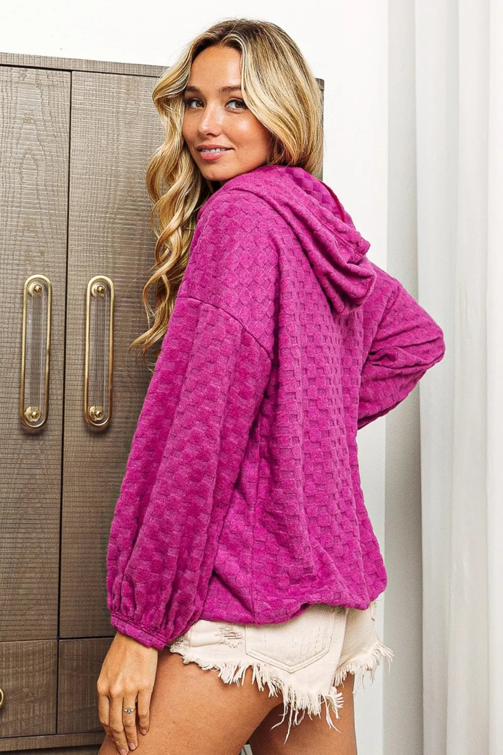 BiBi Brushed Checker Drawstring Long Sleeve Hoodie | Hoodies Daverri Fashions