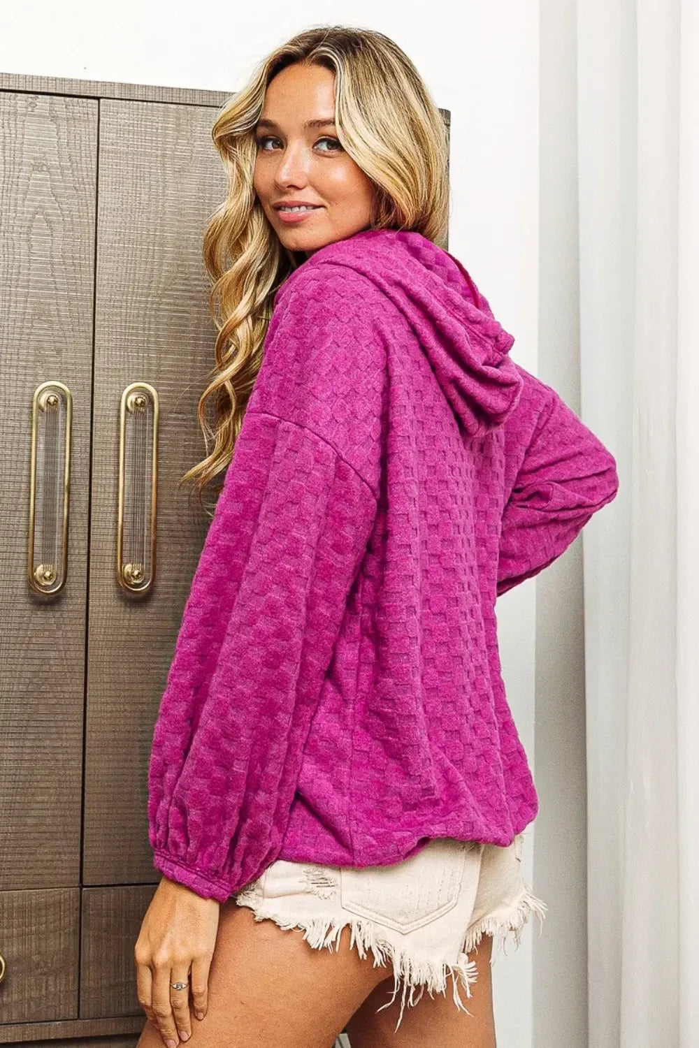 BiBi Brushed Checker Drawstring Long Sleeve Hoodie - DAVERRI FASHIONS