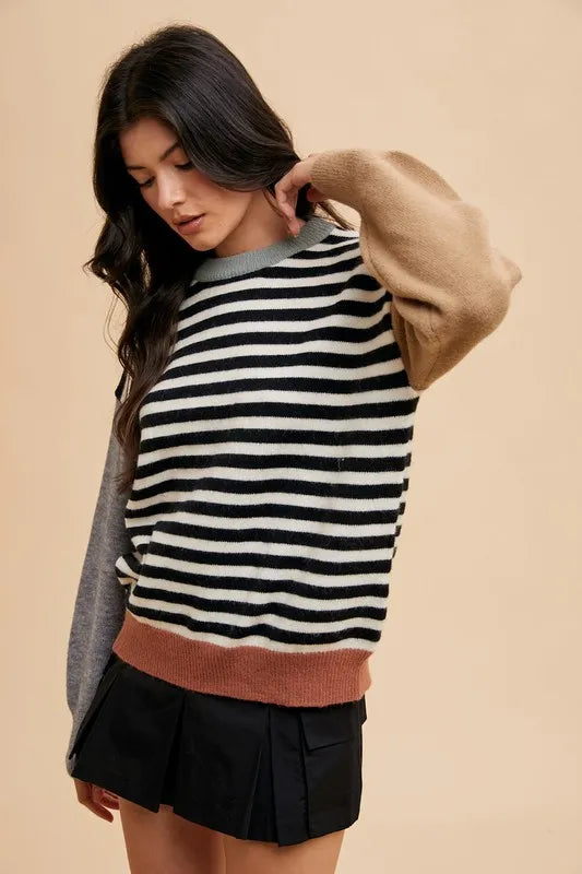 Annie Wear Striped Color Block Round Neck Sweater | Sweaters Daverri Fashions